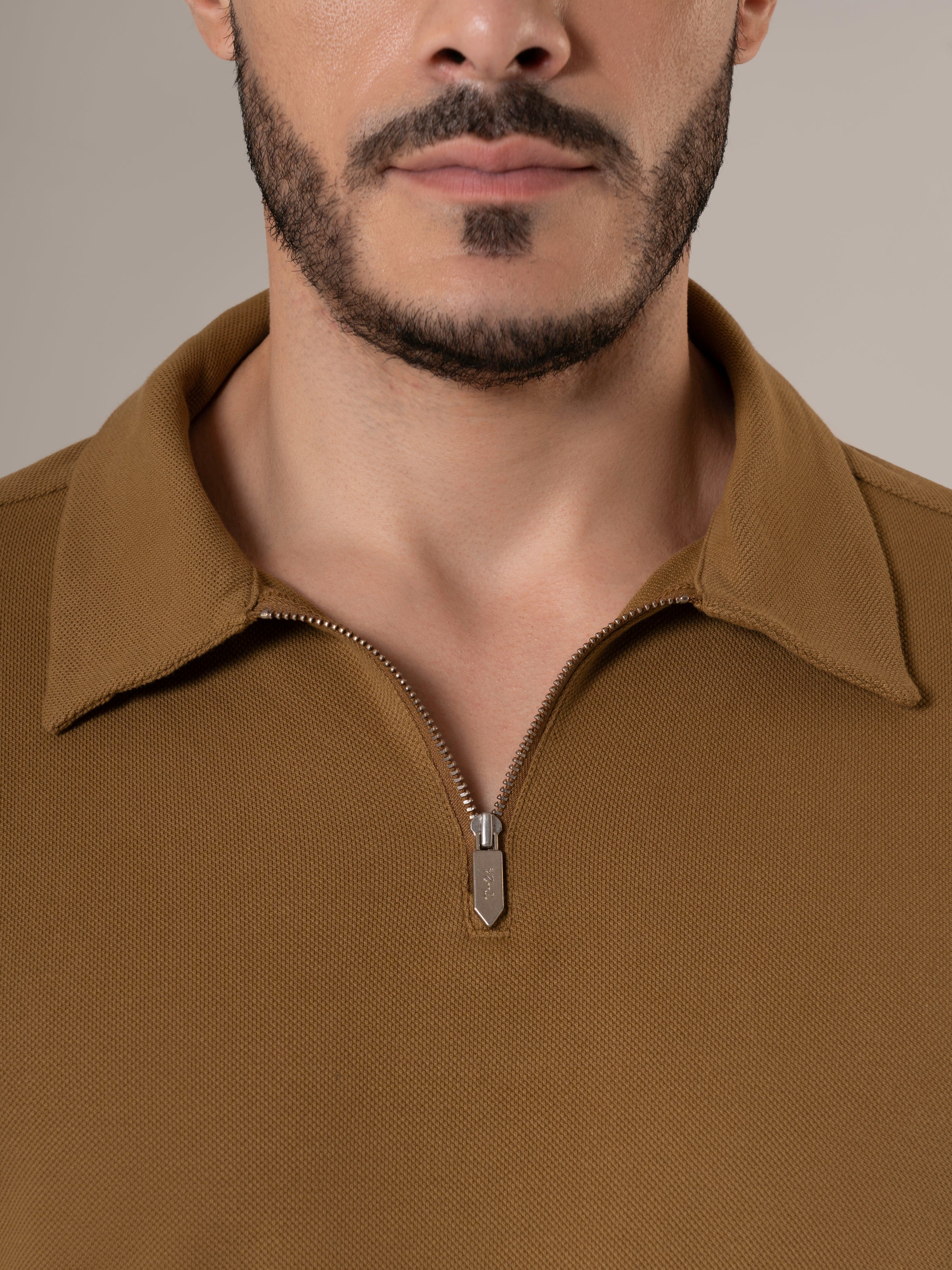Dune Desert Sand Piqué Cotton Quarter-Zip Polo Shirt