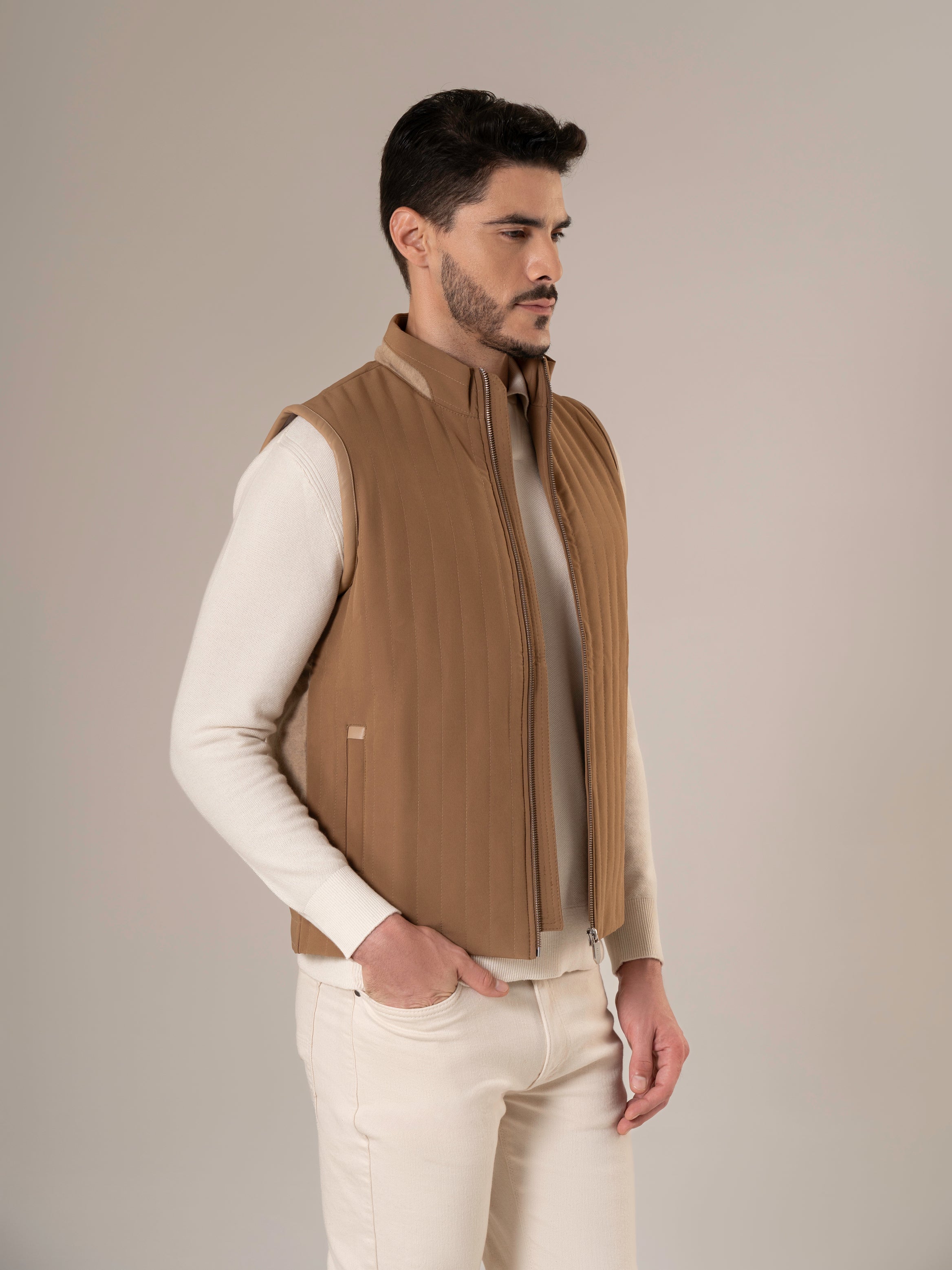 Hunter Quilted Camel Vest with Leather Piping
