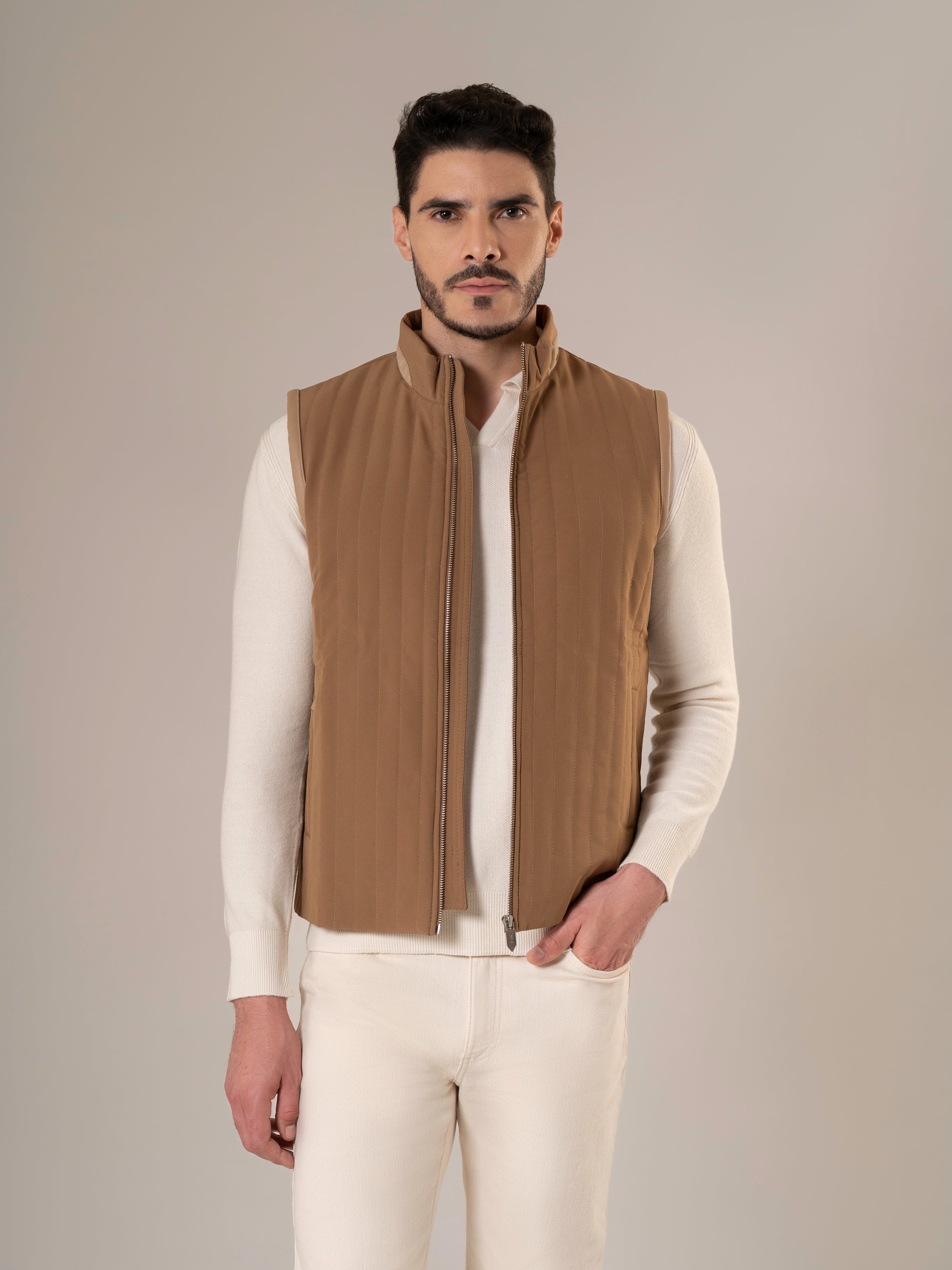 Hunter Quilted Camel Vest with Leather Piping