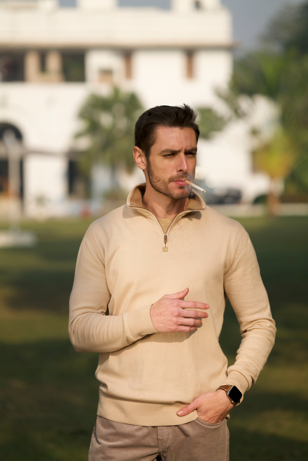 Duke Sand Beige Cashmere Quarter-Zip Sweater