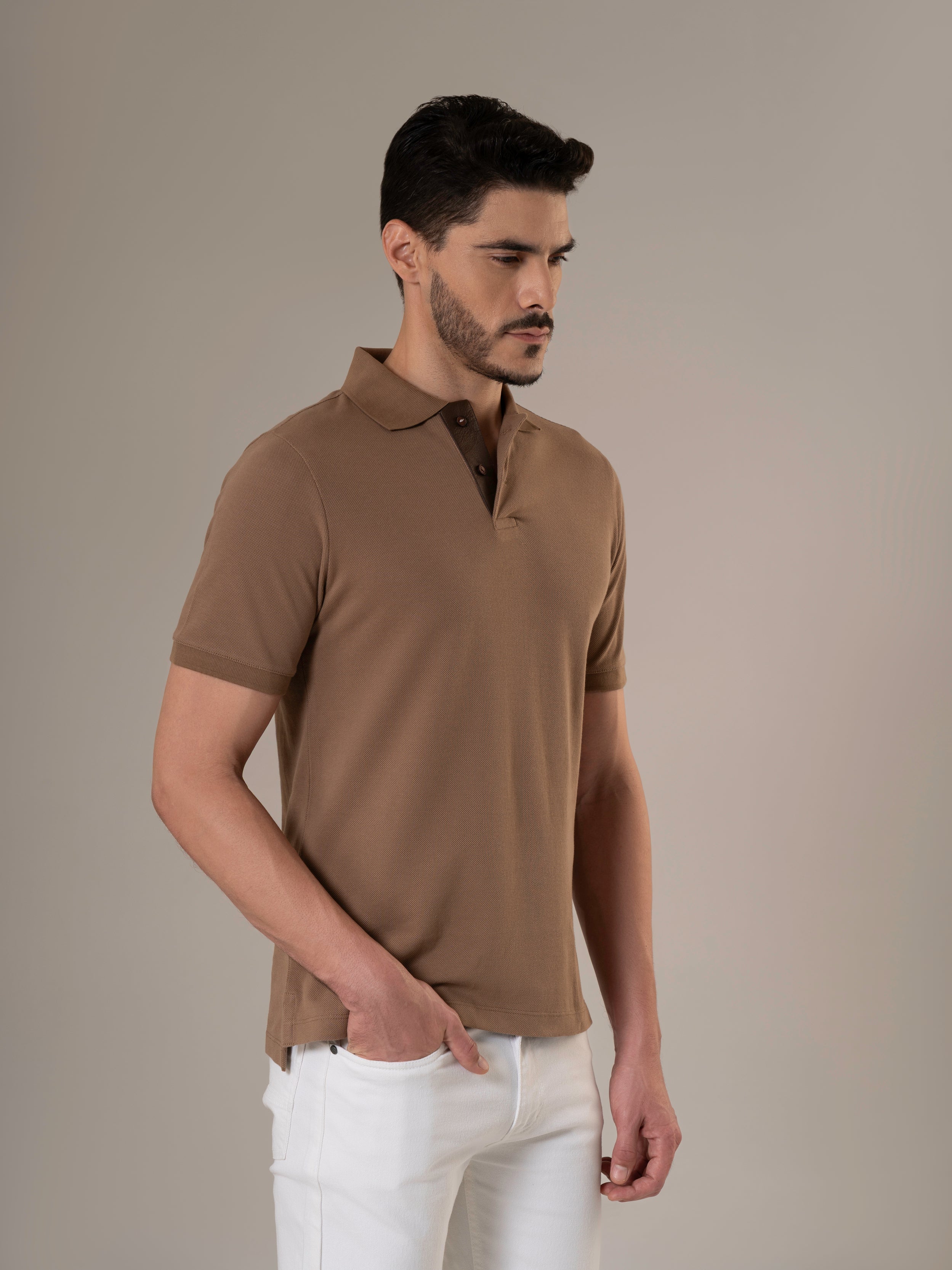 Kraven Brown Piqué Cotton Polo Shirt with Contrast Leather Placket