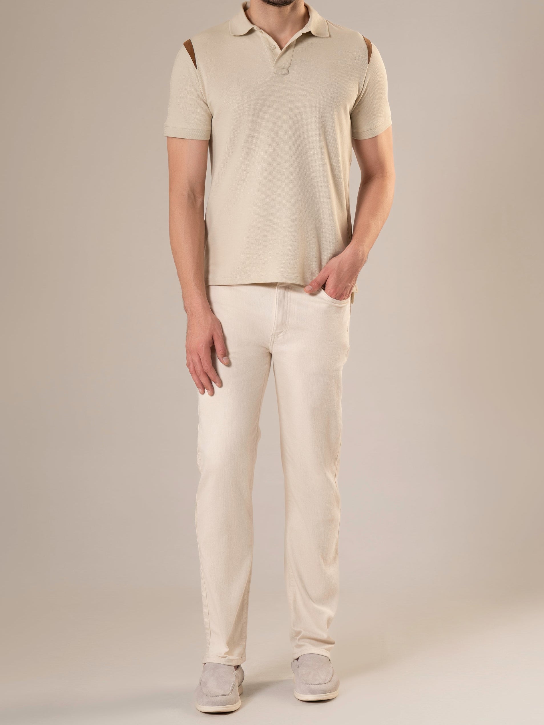 Markhor Ivory Piqué Polo Shirt with Tan Suede Accents