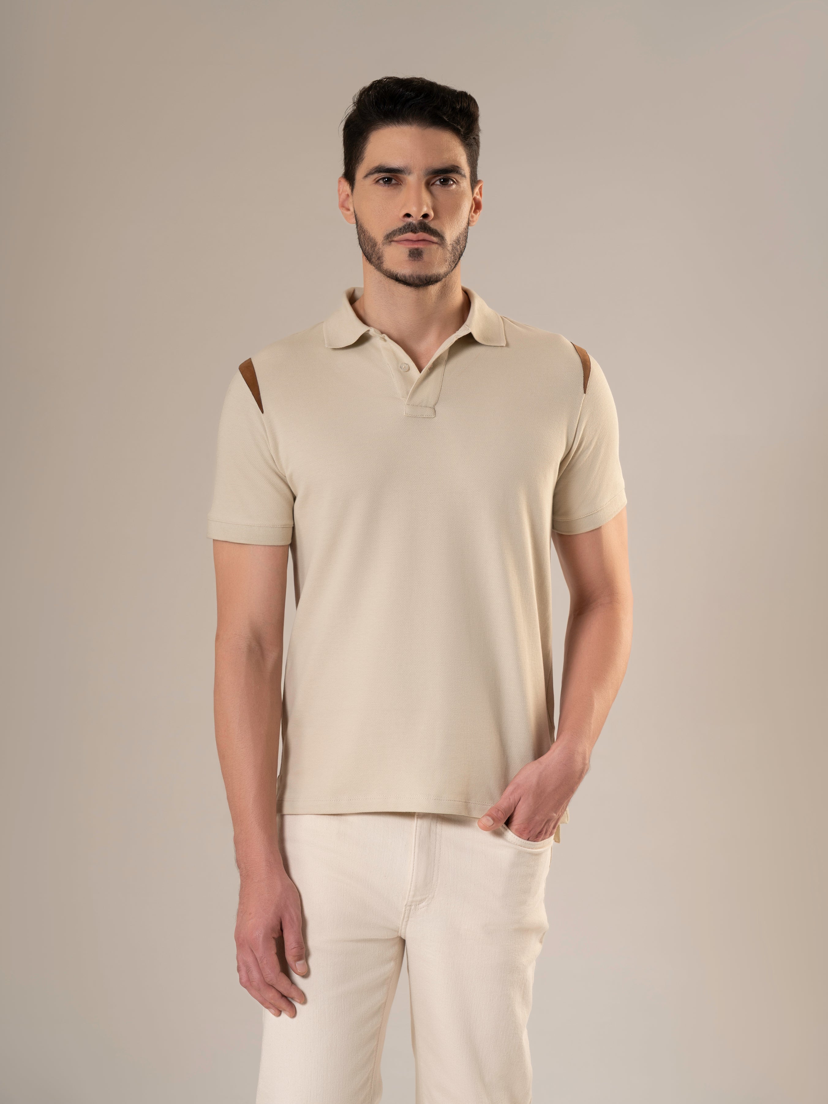 Markhor Ivory Piqué Polo Shirt with Tan Suede Accents