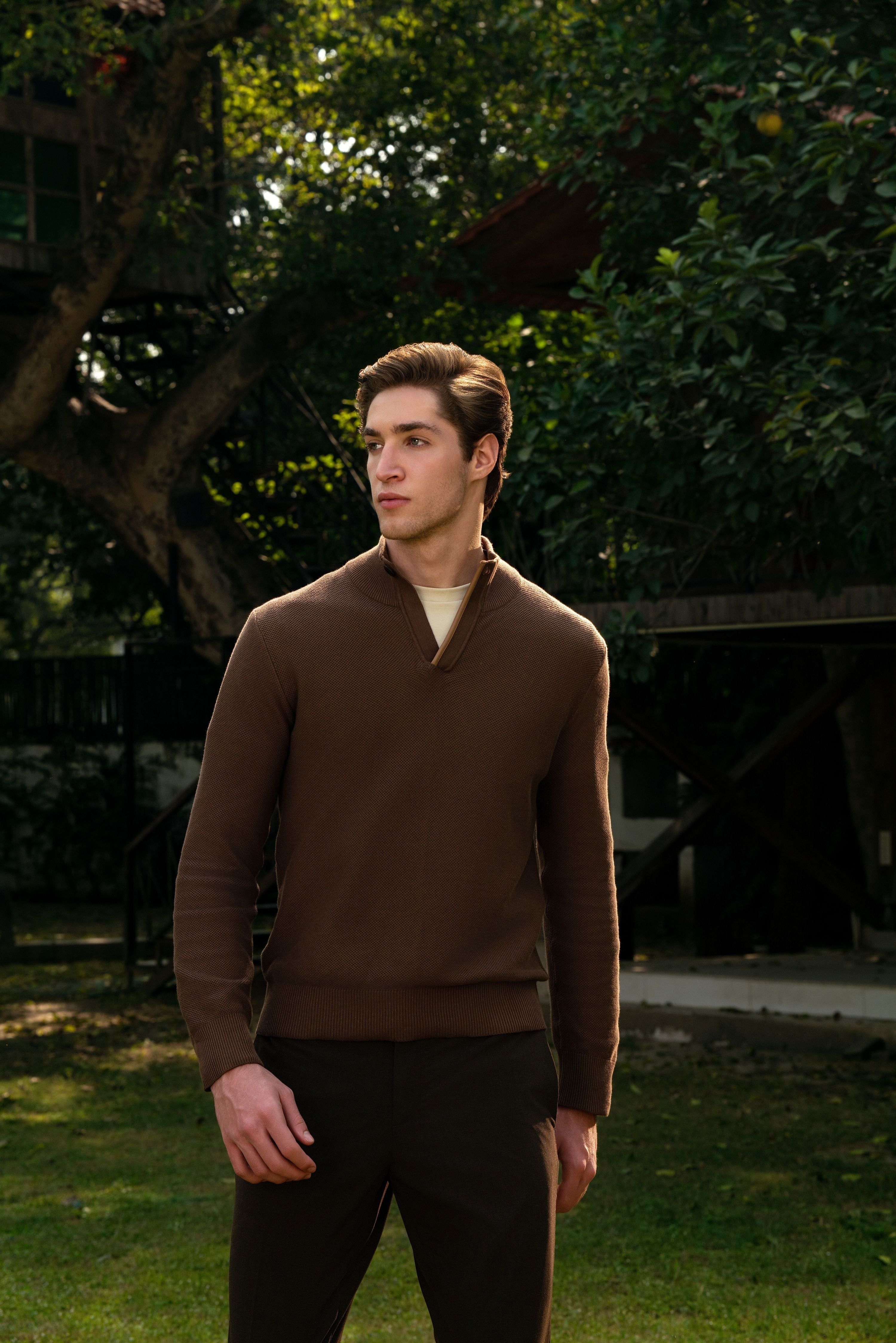 BRECKEN – Premium Cotton Knit Honeycomb High-Collar Sweater with Leather Trim