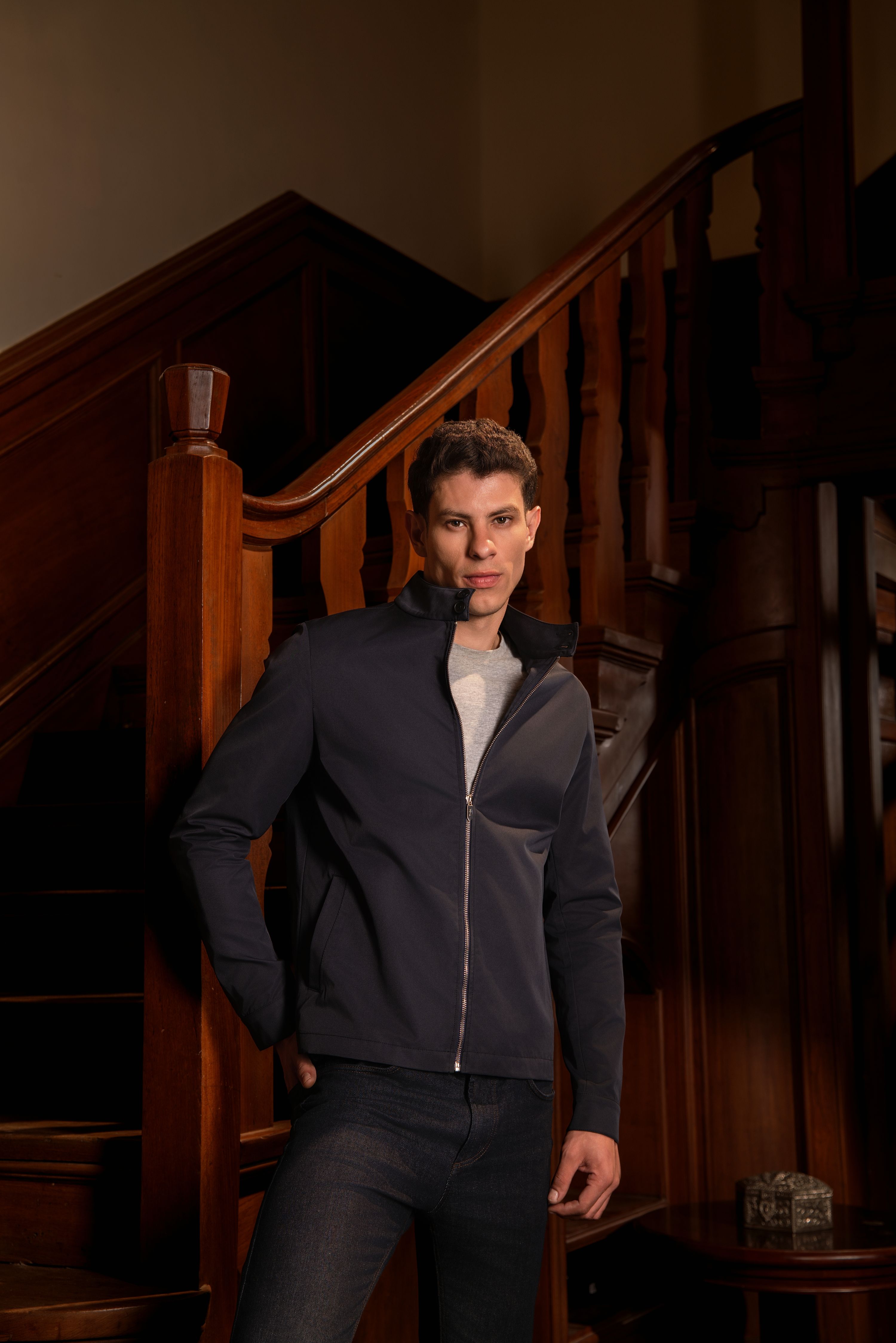 AQUILO - Midnight blue blue Technical Shell Jacket with Leather Accents