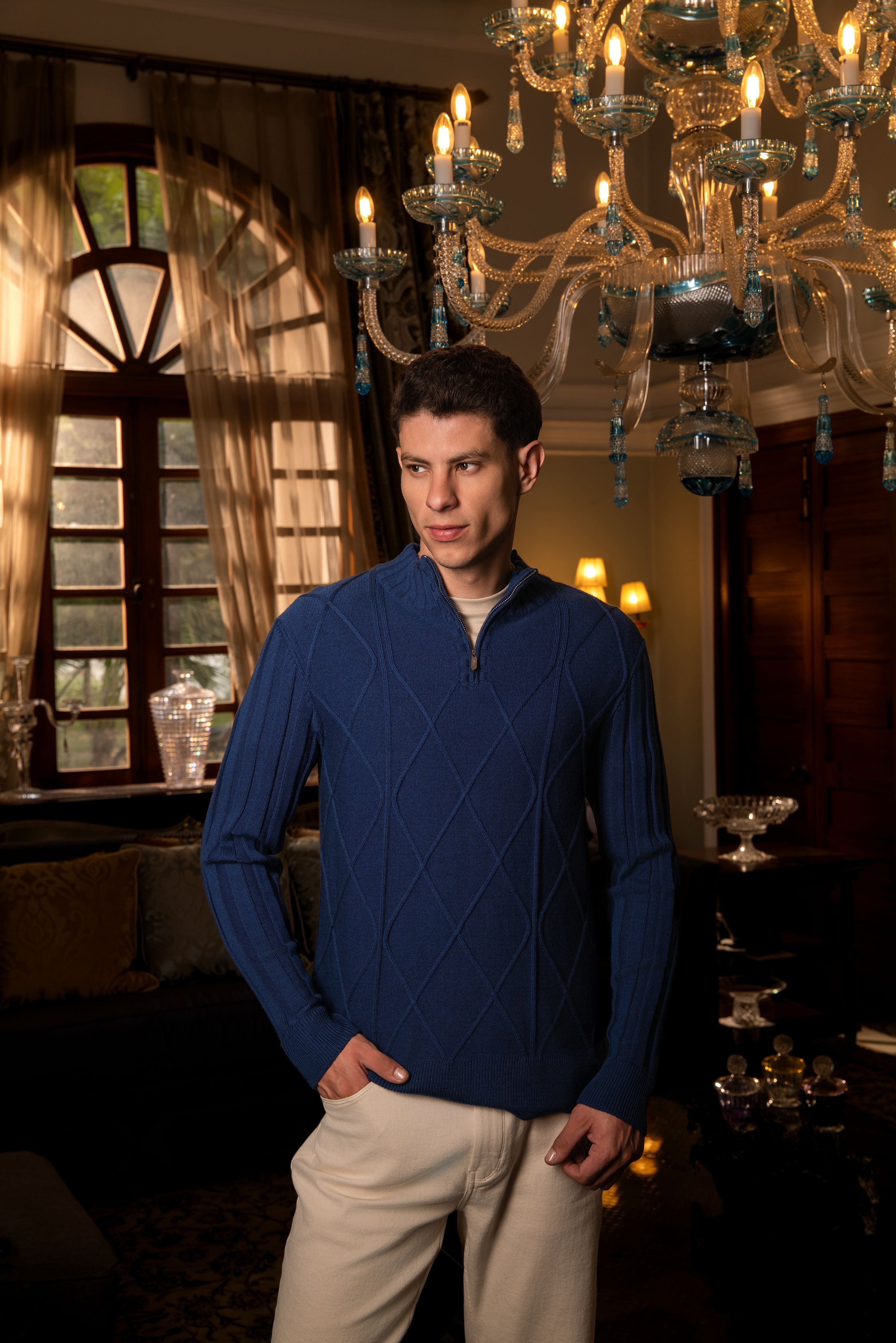 CAPTAIN – Pure Cashwool Multiple Structure Quarter-Zip in Blue Royale