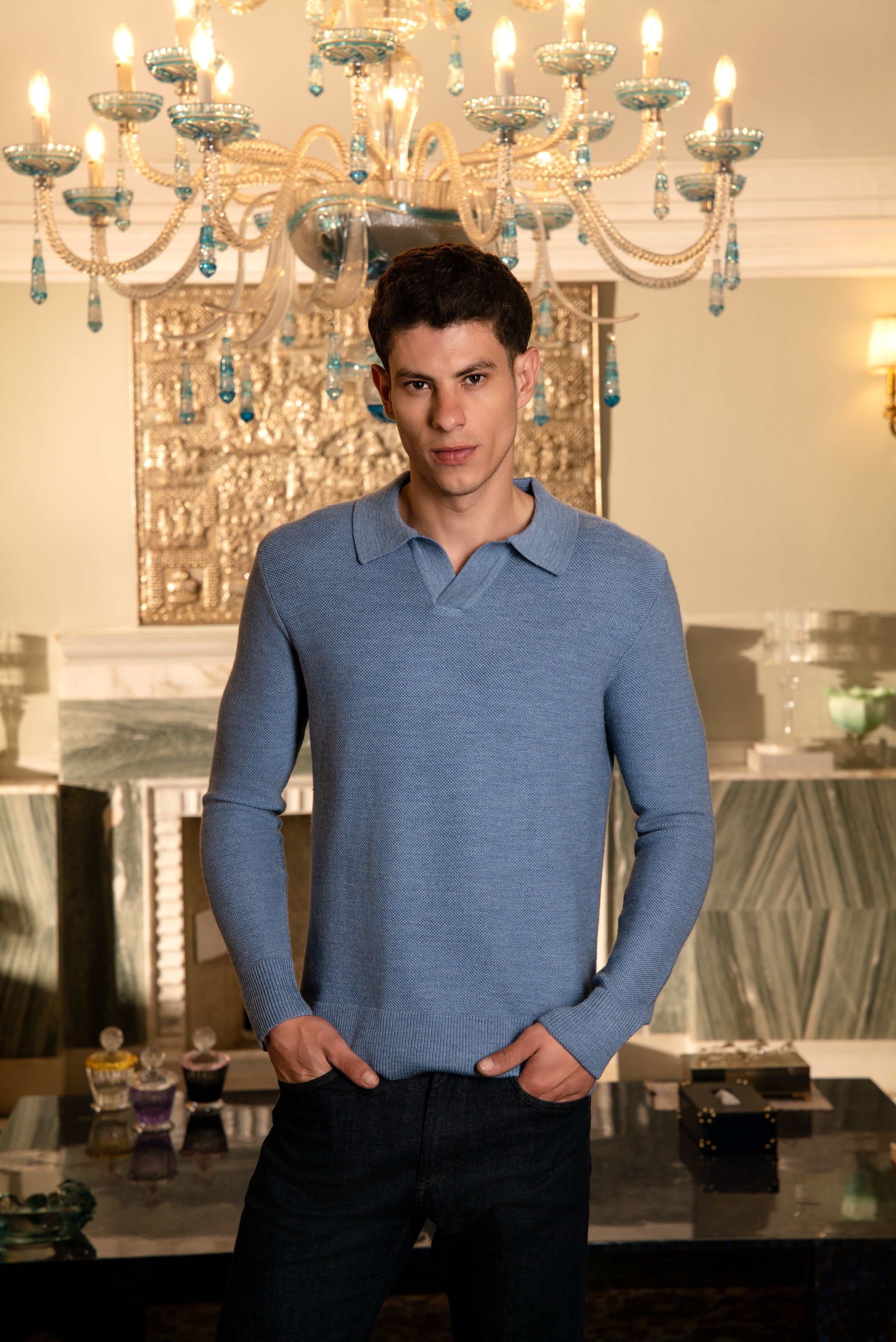 HARBOUR – Pure Cashwool Honeycomb Knit Polo Collar Sweater in Glacial Blue
