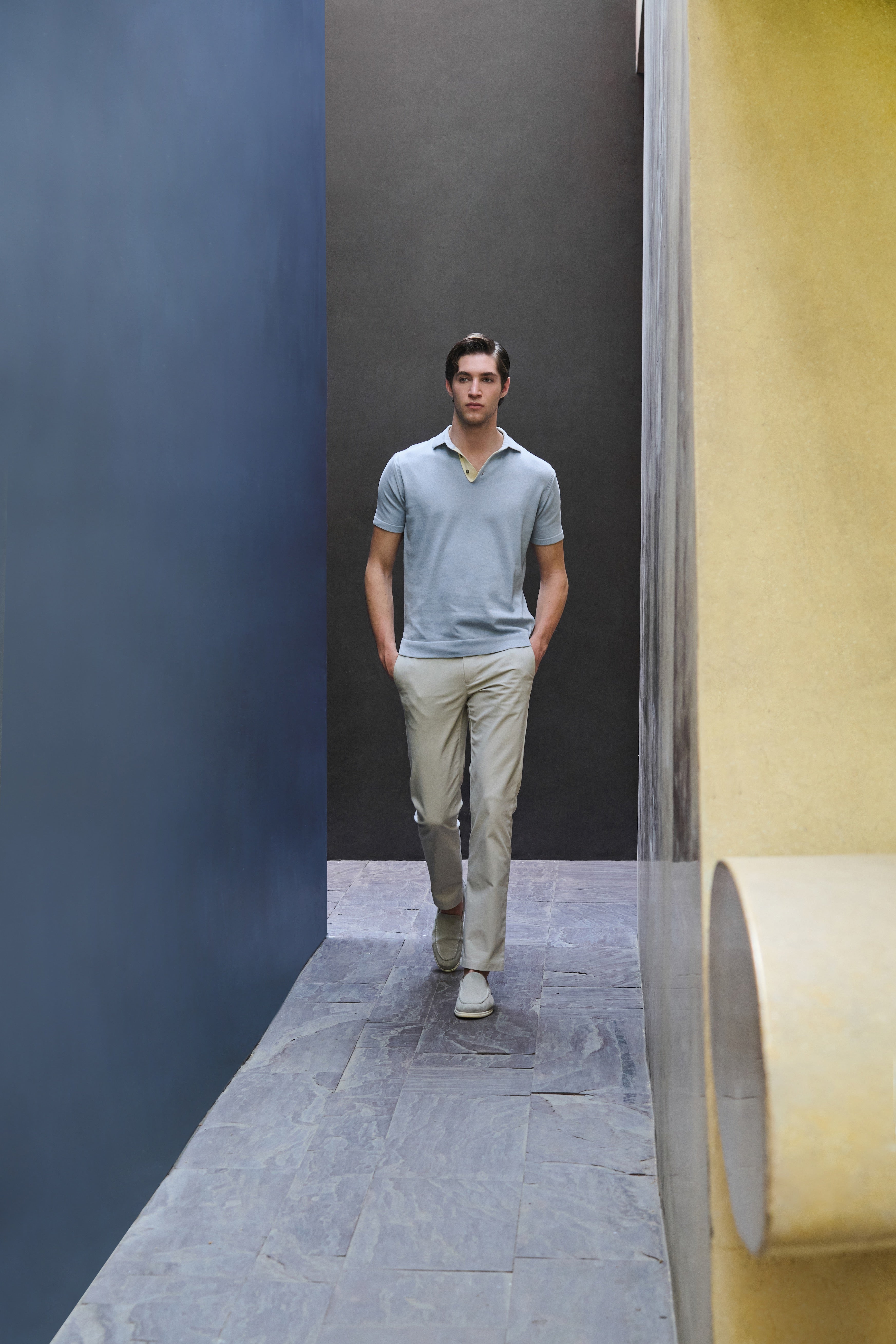 Aurel - Glacial Blue Knit Polo with Contrast Placket