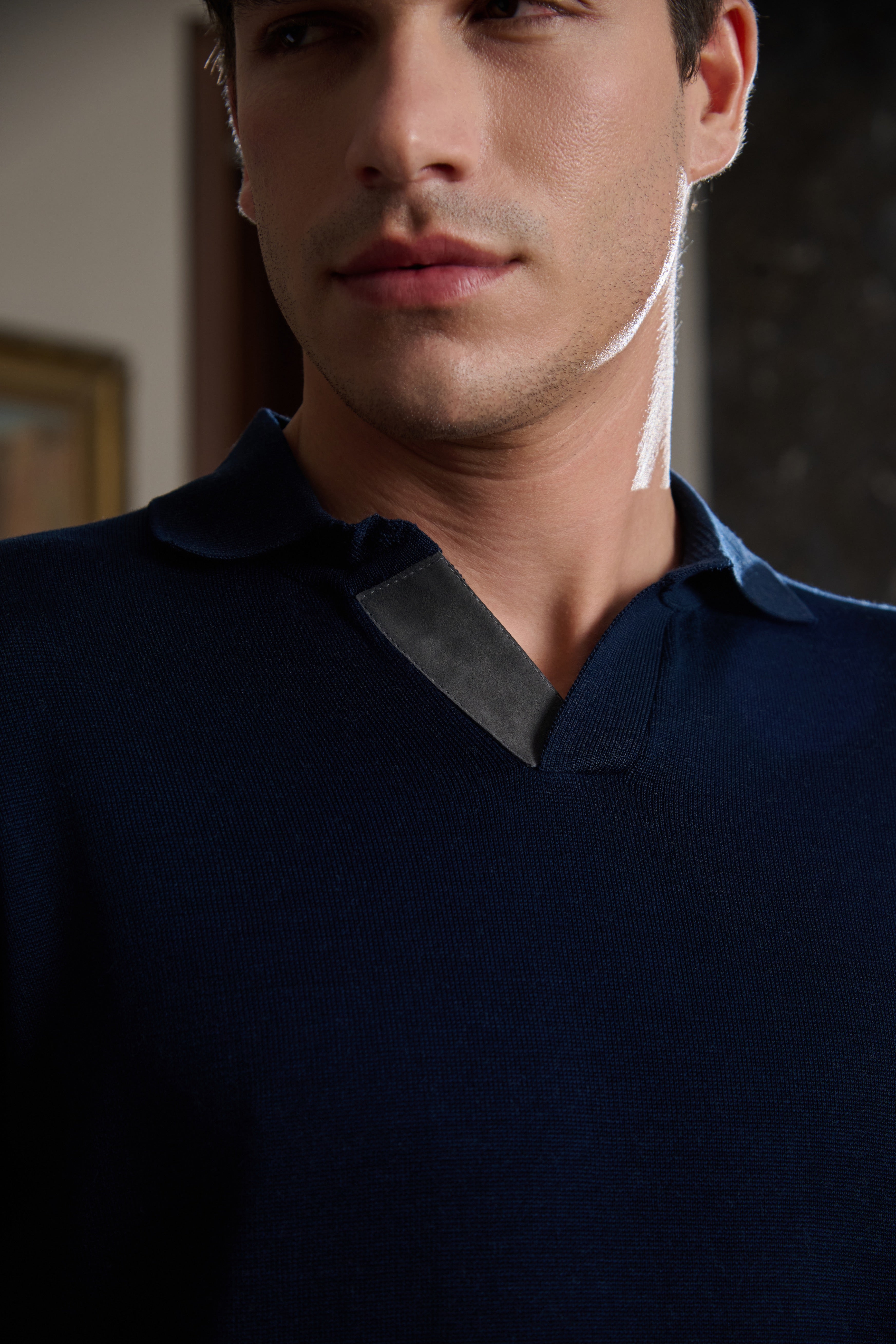 Aeden - Navy Mercerised Knit with Suede Trim