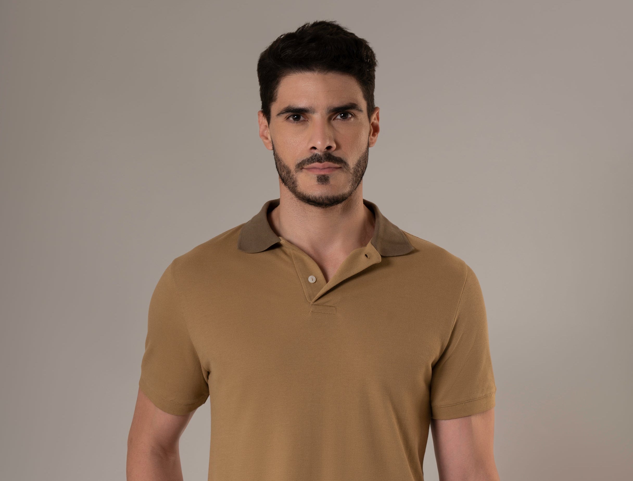 Terrane Sand Beige Piqué Polo Shirt with Contrast Collar