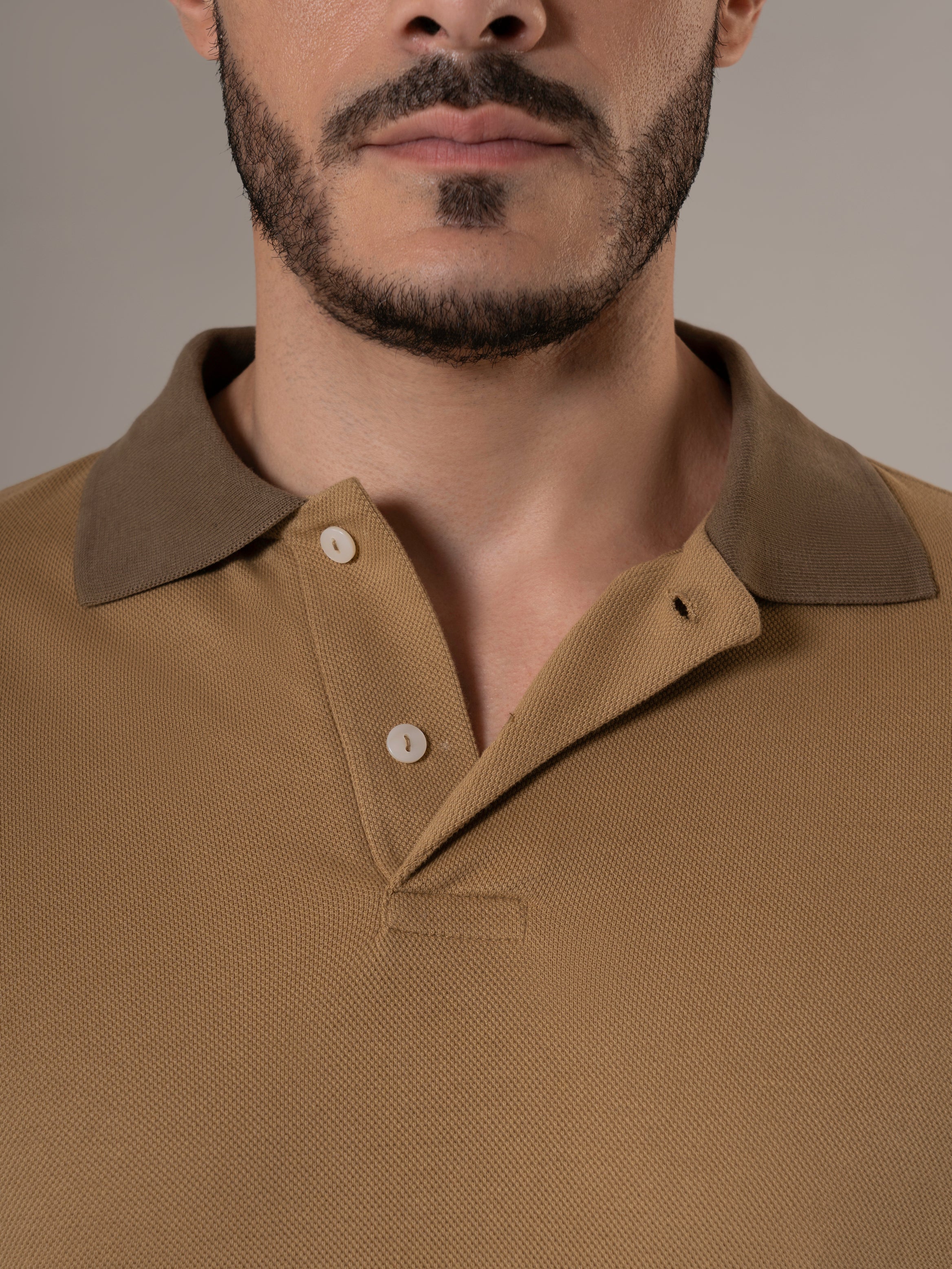 Terrane Sand Beige Piqué Polo Shirt with Contrast Collar