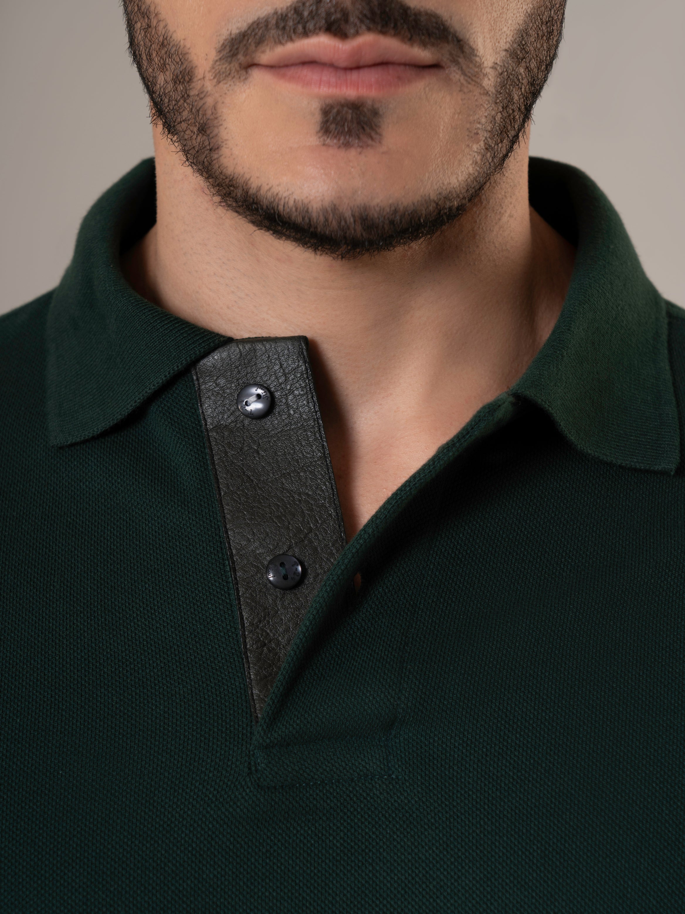 Umbra Forest Green Piqué Cotton Polo Shirt with Tonal Leather Placket
