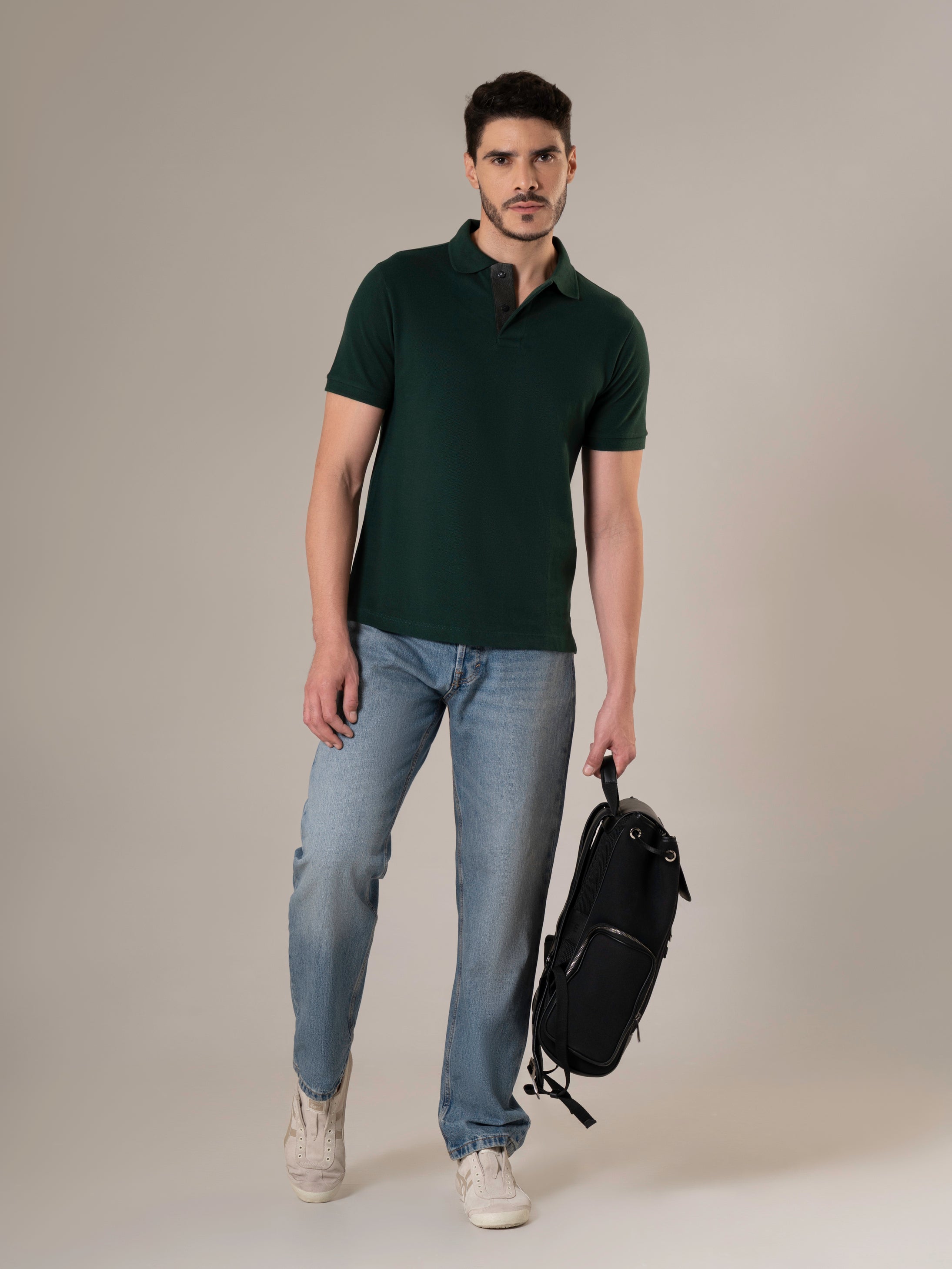 Umbra Forest Green Piqué Cotton Polo Shirt with Tonal Leather Placket