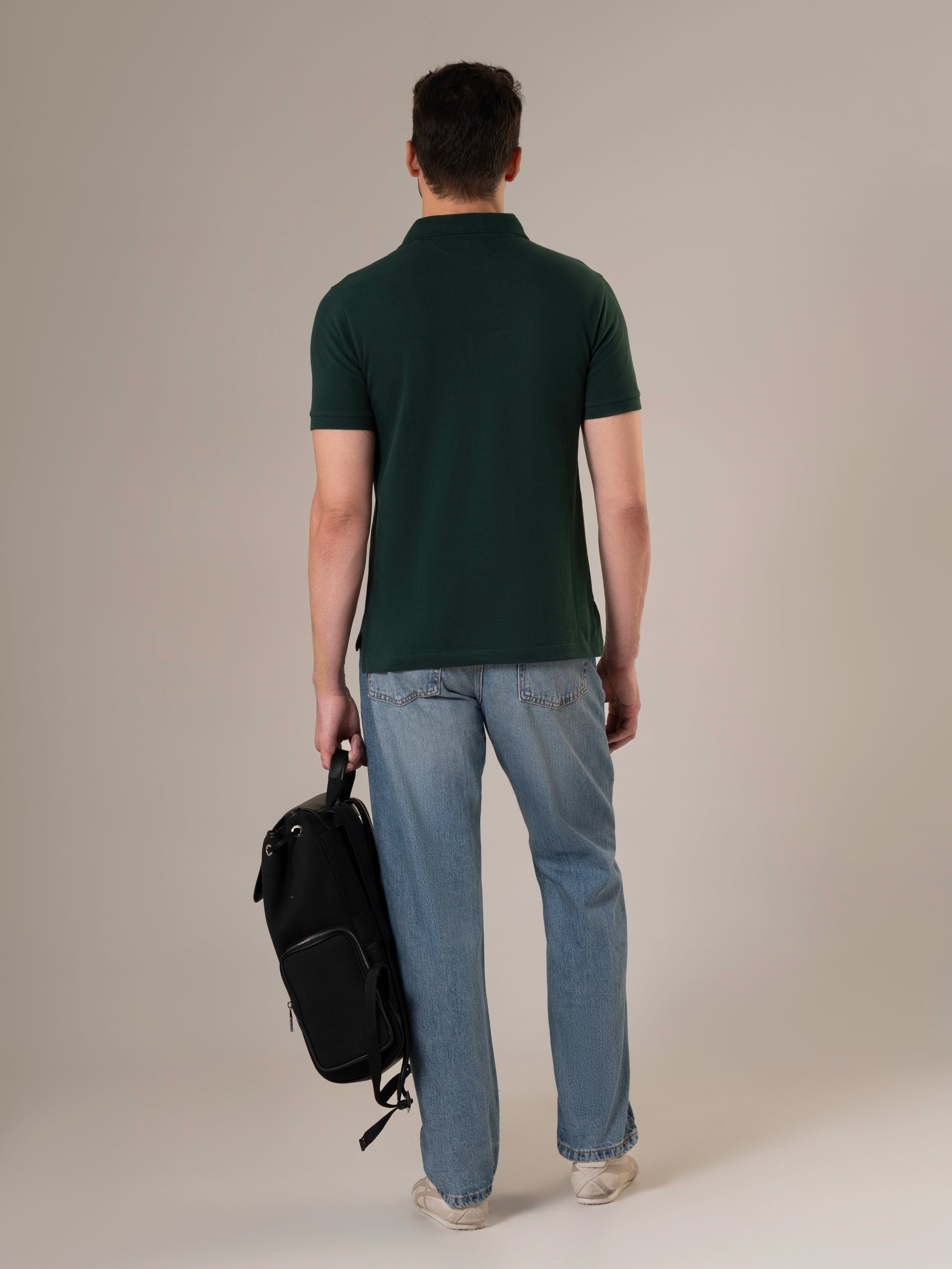 Umbra Forest Green Piqué Cotton Polo Shirt with Tonal Leather Placket